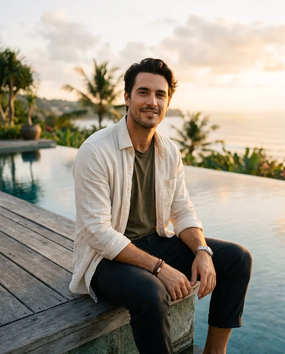 Young man in Bali at sunset