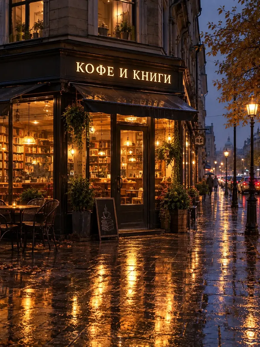 GPT Image 2: кофейня с вывеской «КОФЕ И КНИГИ»